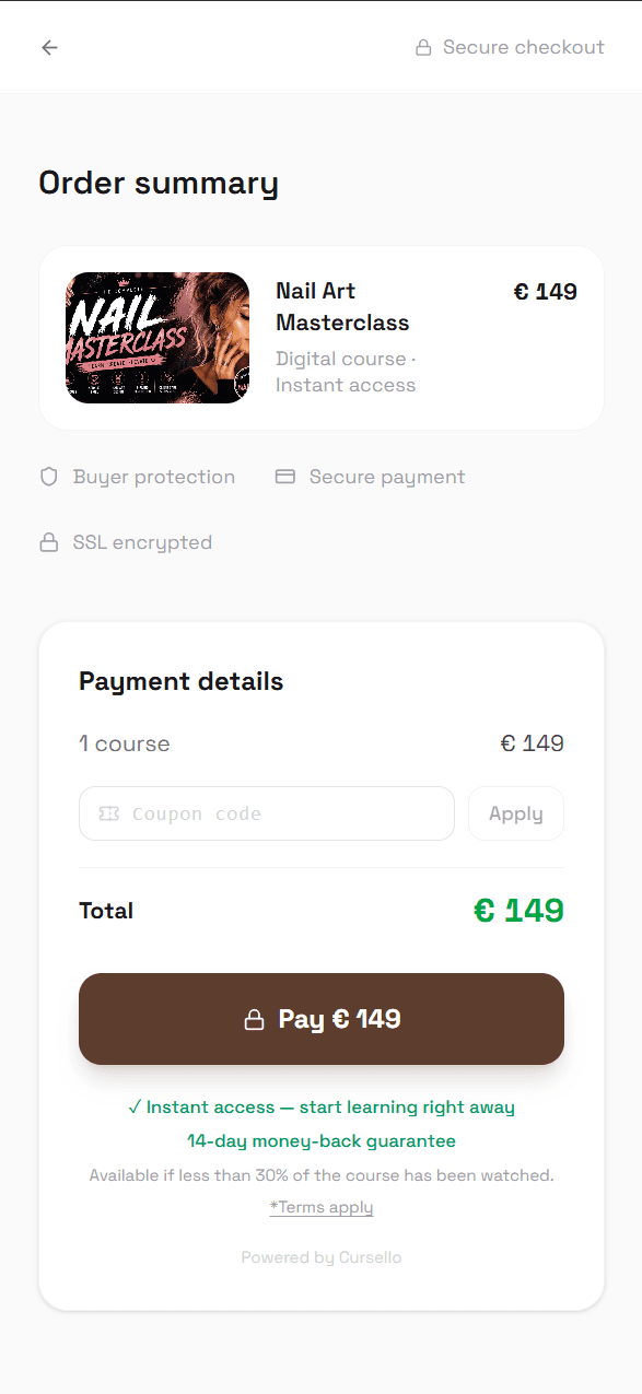 Mobile checkout page preview showing a high-converting course purchase flow
