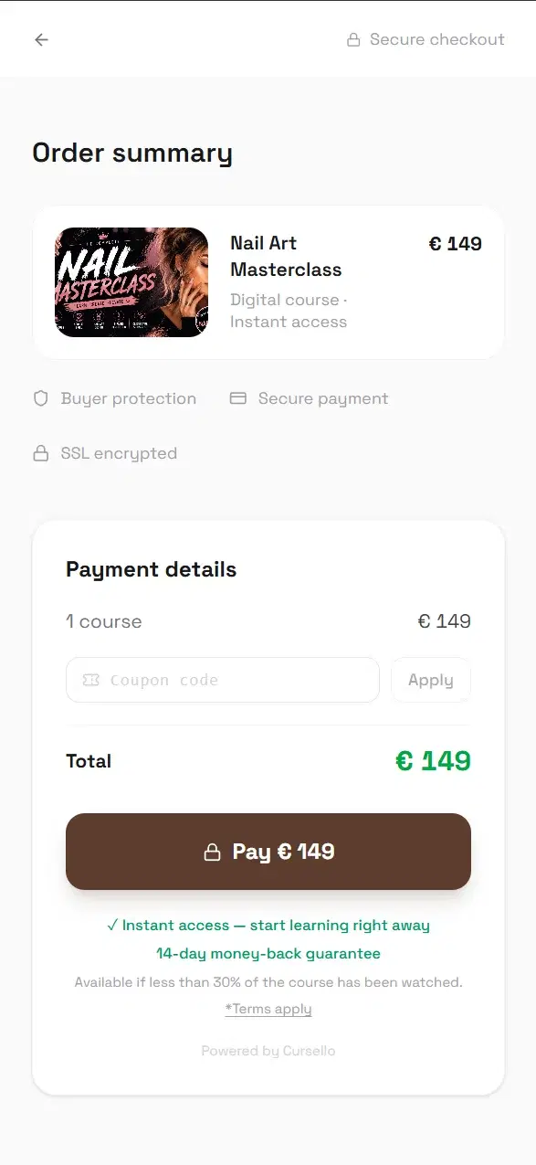 Mobile checkout page preview showing a high-converting course purchase flow